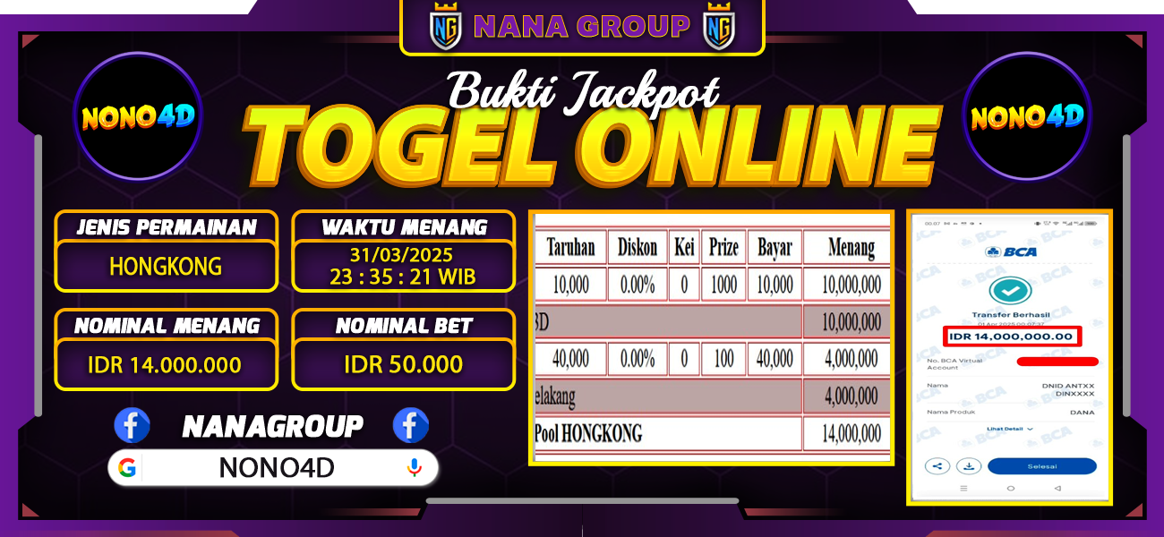Bukti Kemenangan Besar Dibayar lunas Member NONO4D RP 14.000.000, 1 April 2025