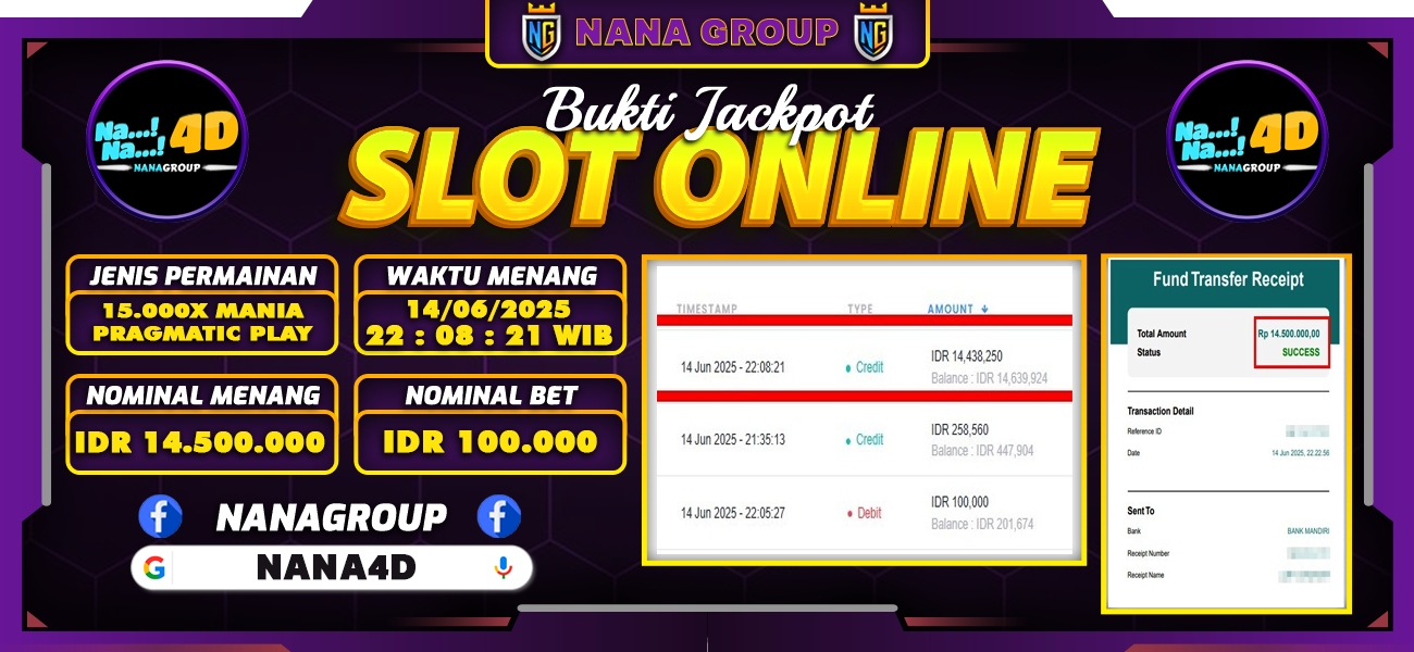 Bukti Kemenangan Besar Dibayar lunas Member NANA4D RP 14.500.000, 14 Juni 2025