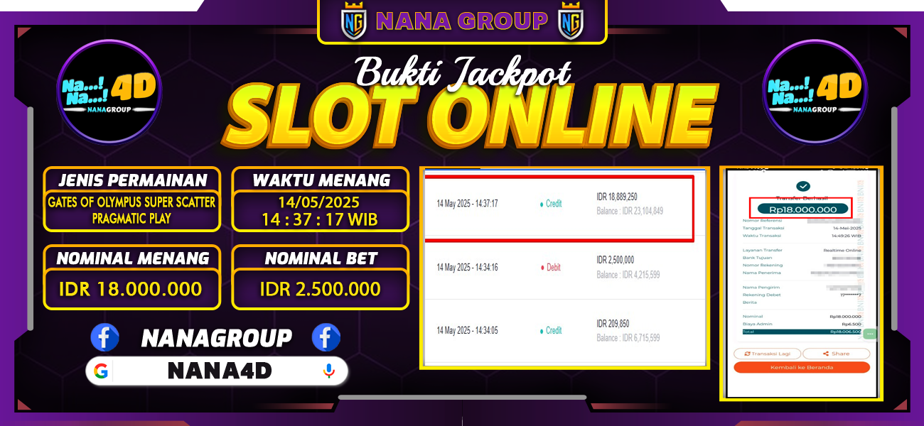 Bukti Kemenangan Besar Dibayar lunas Member NANA4D RP 18.000.000, 14 Mei 2025