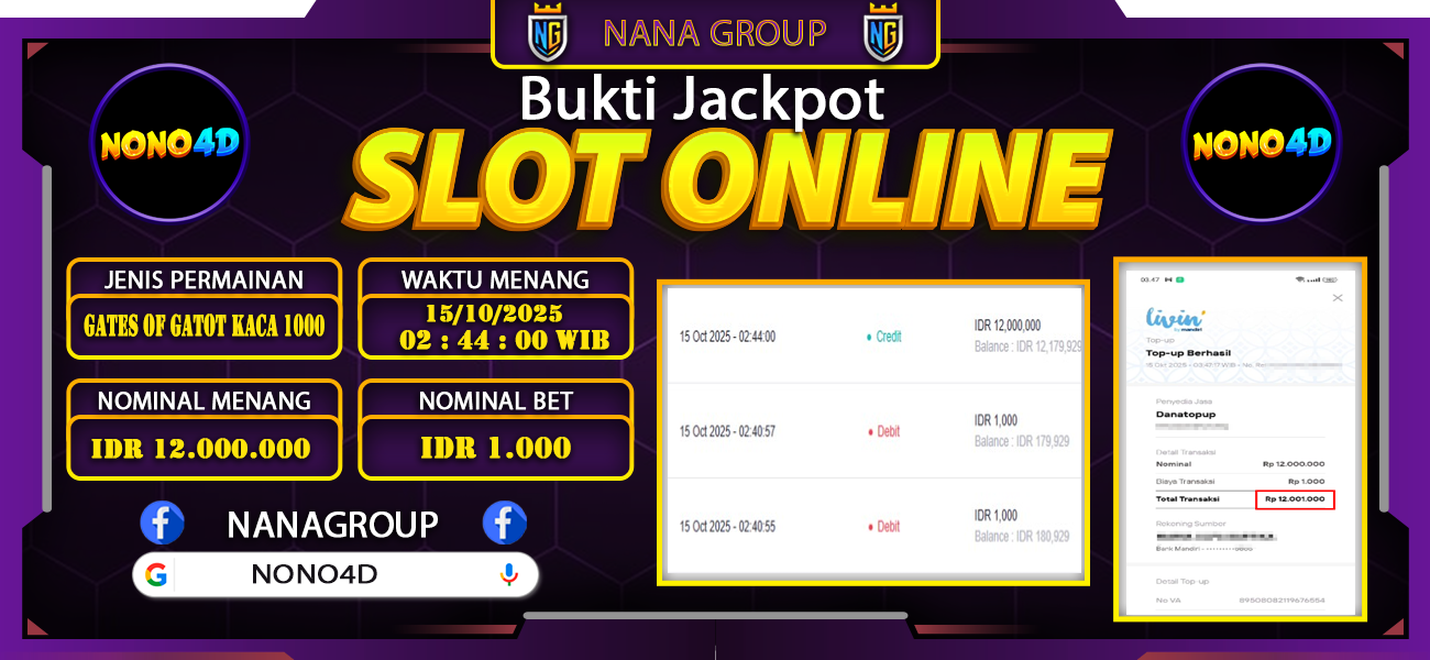 Bukti Kemenangan Besar Dibayar lunas Member NONO4D RP 12.000.000, 15 Oktober 2025