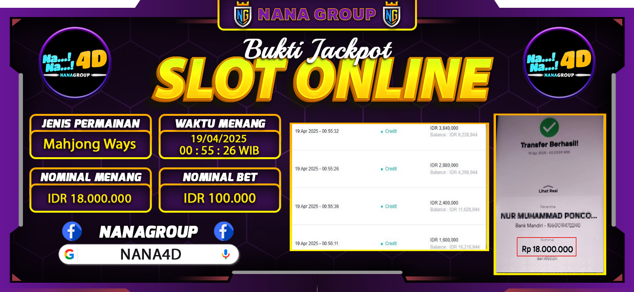 Bukti Kemenangan Besar Dibayar lunas Member NANA4D RP 18.000.000, 19 April 2025