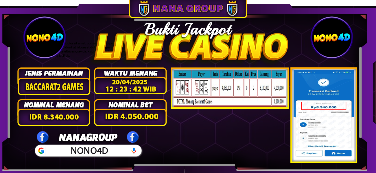 Bukti Kemenangan Besar Dibayar lunas Member NONO4D RP 8.340.000, 20 April 2025