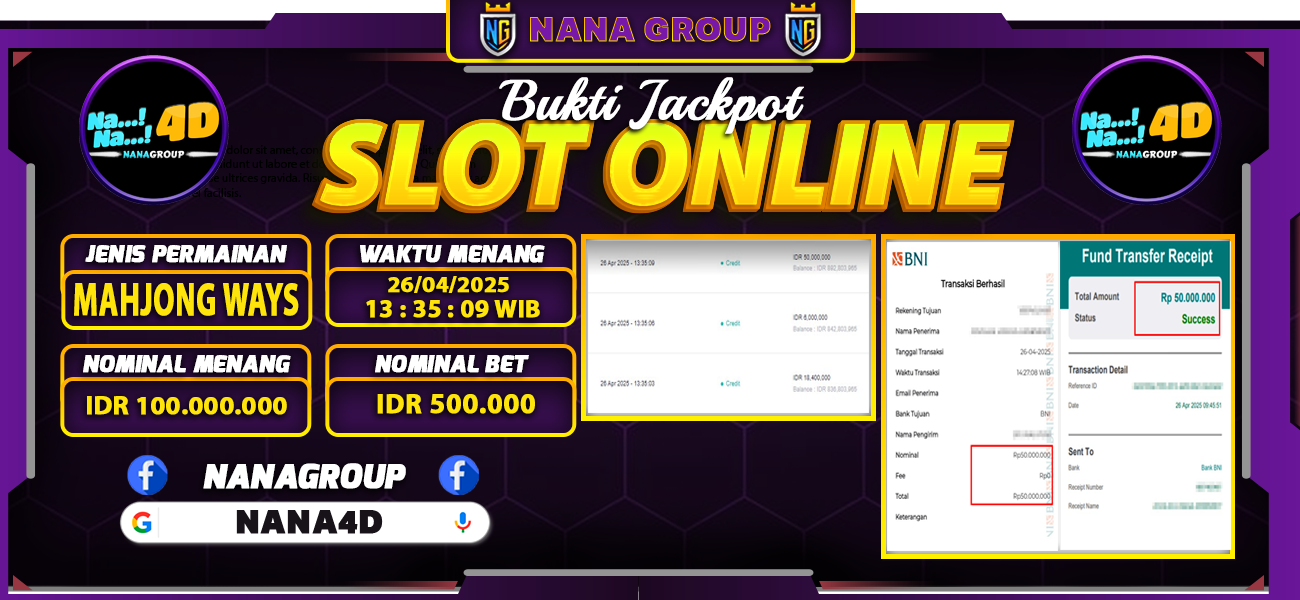 Bukti Kemenangan Besar Dibayar lunas Member NANA4D RP 100.000.000, 27 April 2025