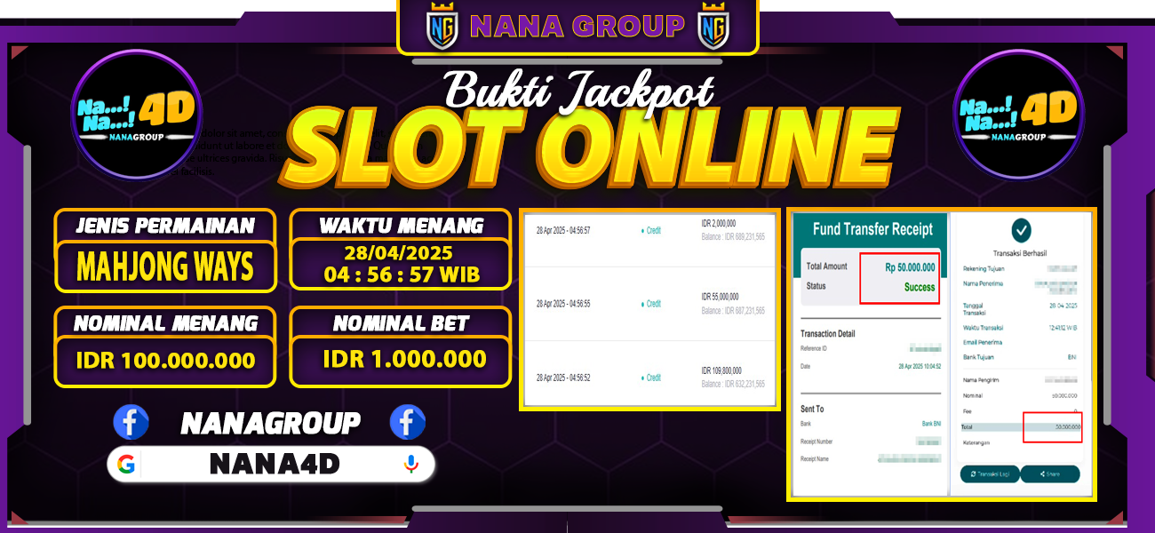 Bukti Kemenangan Besar Dibayar lunas Member NANA4D RP 100.000.000, 28 April 2025