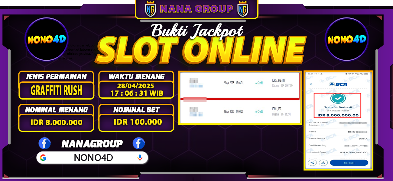 Bukti Kemenangan Besar Dibayar lunas Member NONO4D RP 8.000.000, 28 April 2025