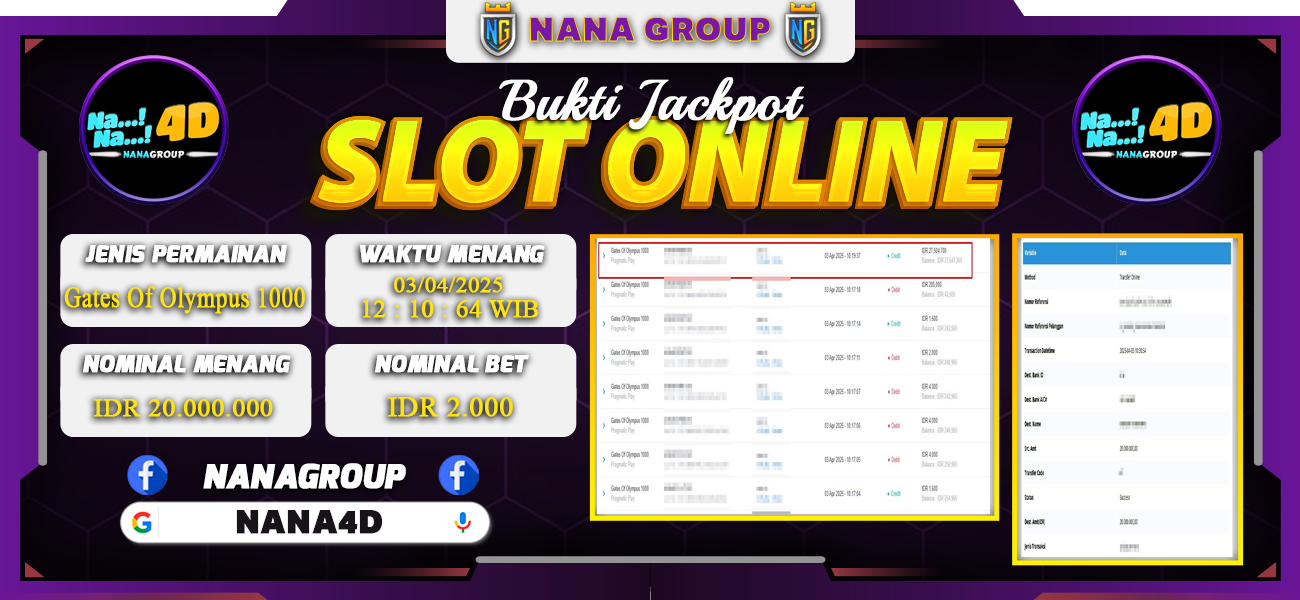 Bukti Kemenangan Besar Dibayar lunas Member NANA4D RP 20.000.000, 3 April 2025