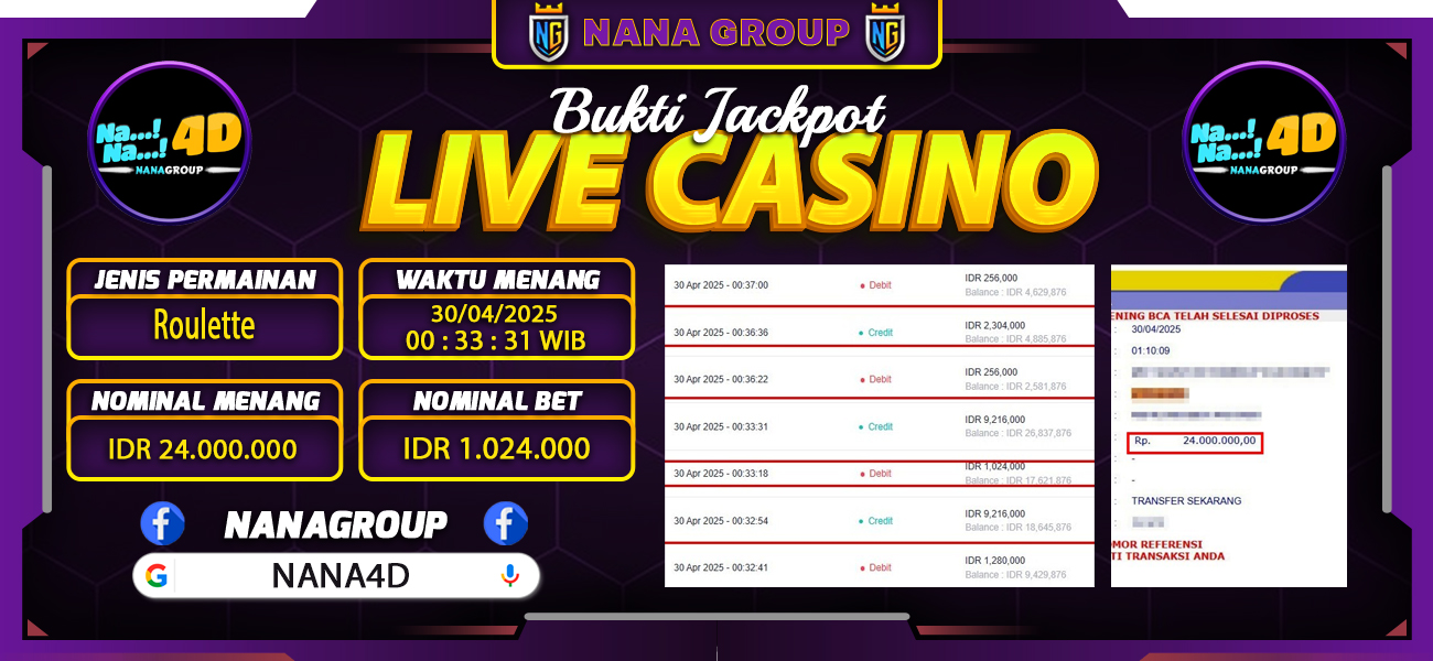 Bukti Kemenangan Besar Dibayar lunas Member NANA4D RP 24.000.000, 30 April 2025