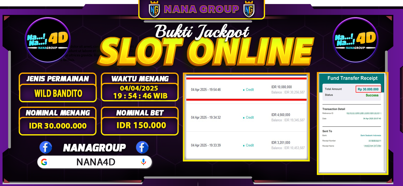 Bukti Kemenangan Besar Dibayar lunas Member NANA4D RP 30.000.000, 4 April 2025