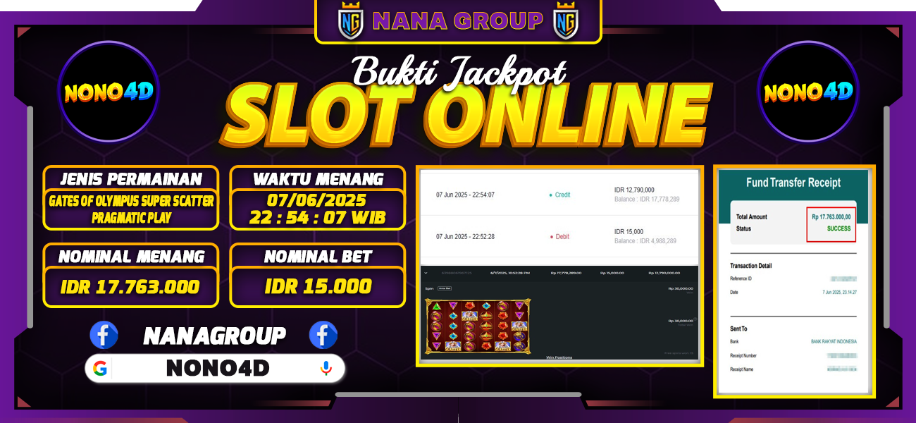 Bukti Kemenangan Besar Dibayar lunas Member NONO4D RP 17.763.000, 7 Juni 2025