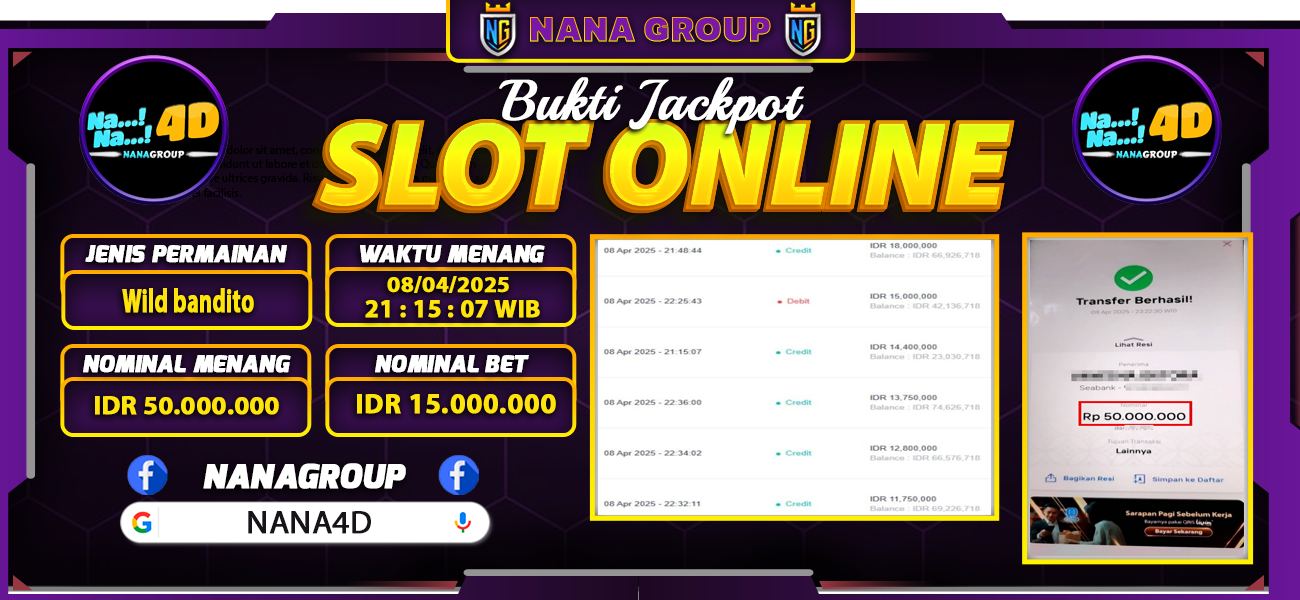 Bukti Kemenangan Besar Dibayar lunas Member NANA4D RP 50.000.000, 9 April 2025