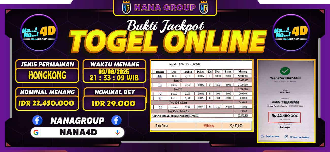 Bukti Kemenangan Besar Dibayar lunas Member NANA4D RP 22.450.000, 9 Juni 2025